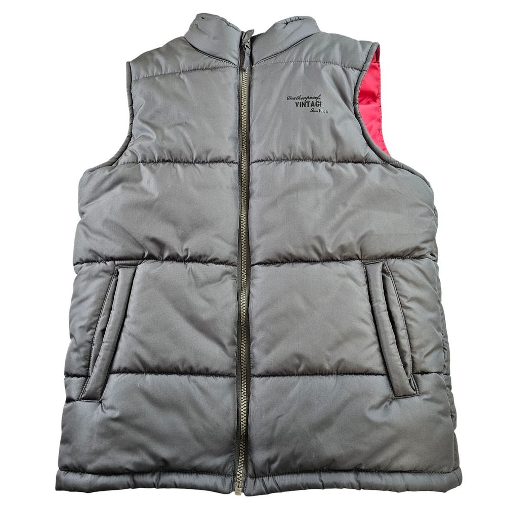 Weatherproof Vintage Kids Gray Puffer Vest Red Lining Full Zip Quilted Size L